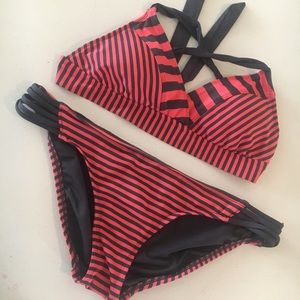 Pink and grey striped swimsuit